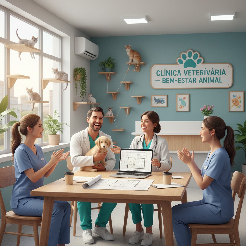 Quatro profissionais de veterinária reunidos em volta de uma mesa de madeira em uma clínica bem-iluminada, com plantas e gatos nas prateleiras da parede ao fundo.