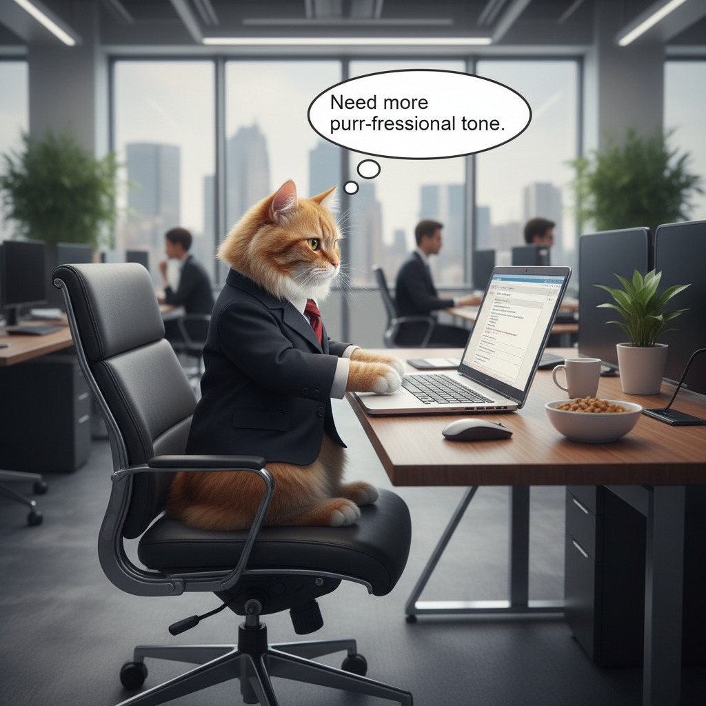 Um gato ruivo vestido de terno e gravata está sentado em uma cadeira de escritório, digitando em um laptop com um balão de pensamento que diz "Need more purr-fessional tone.".